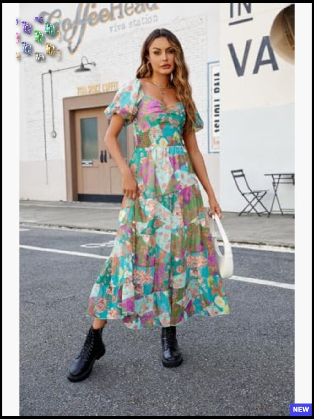 Floral Maxi Dress Smocked Bodice Puff Sleeves Bohemian Flowy Casual Summer - Picture 5 of 7